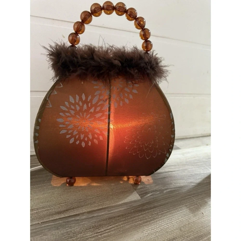 PURSE LAMP Pair Table Top Light Vintage Style NIGHT Brown  Fuzzy Fur‎ Art Deco